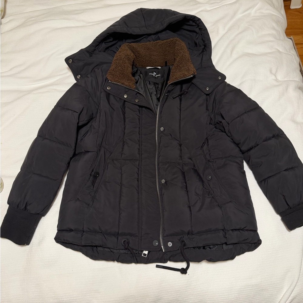 Andrew Marc Women’s Black Hooded Puffer Jacket with Brown Faux-Shearling Collar